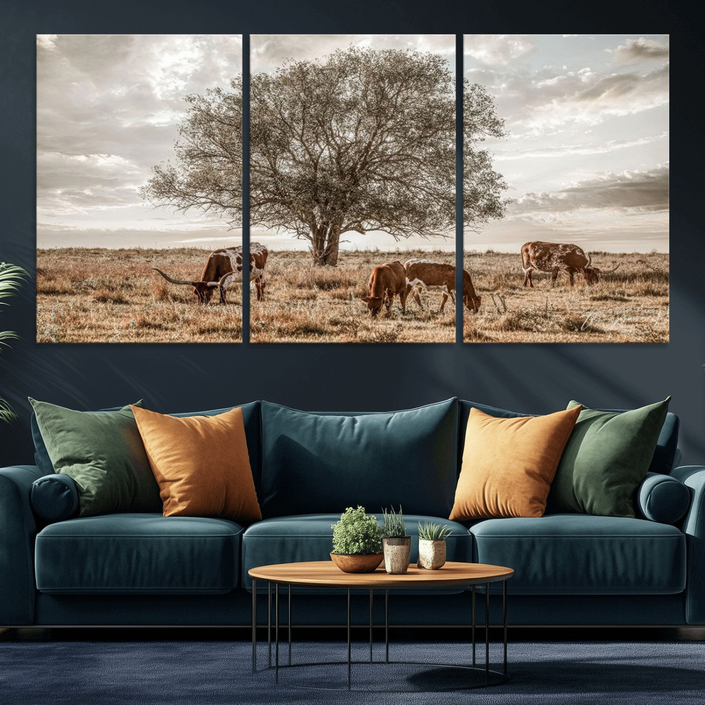 87590224-MGV-CV-36X24-Longhorn Cattle Wall Art – Rustic Western Landscape Canvas Print, Texas Farmhouse Prairie Scene for Living Room, Office, or Ranch