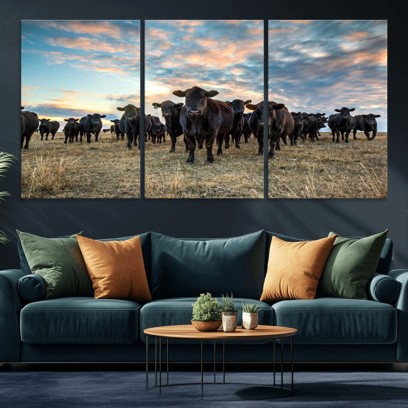 13867292-MGV-CV-36X24-Black Cattle Wall Art – Rustic Ranch Herd Canvas Print, Western Farmhouse Country Landscape Decor for Living Room, Office, or