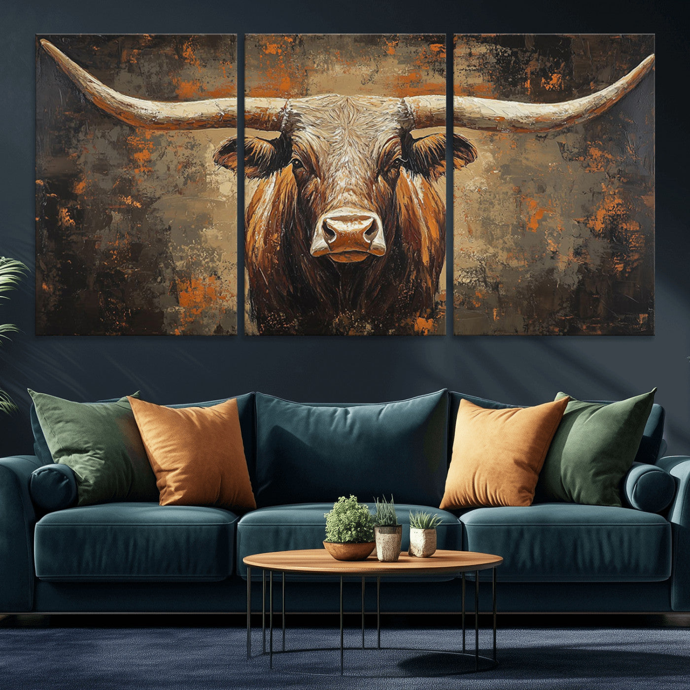 19204445-MGV-CV-36X24-Texas Longhorn Bull Wall Art – Rustic Western Canvas Print, Bold Cowboy Cattle Painting for Ranch House, Farmhouse, Office, or