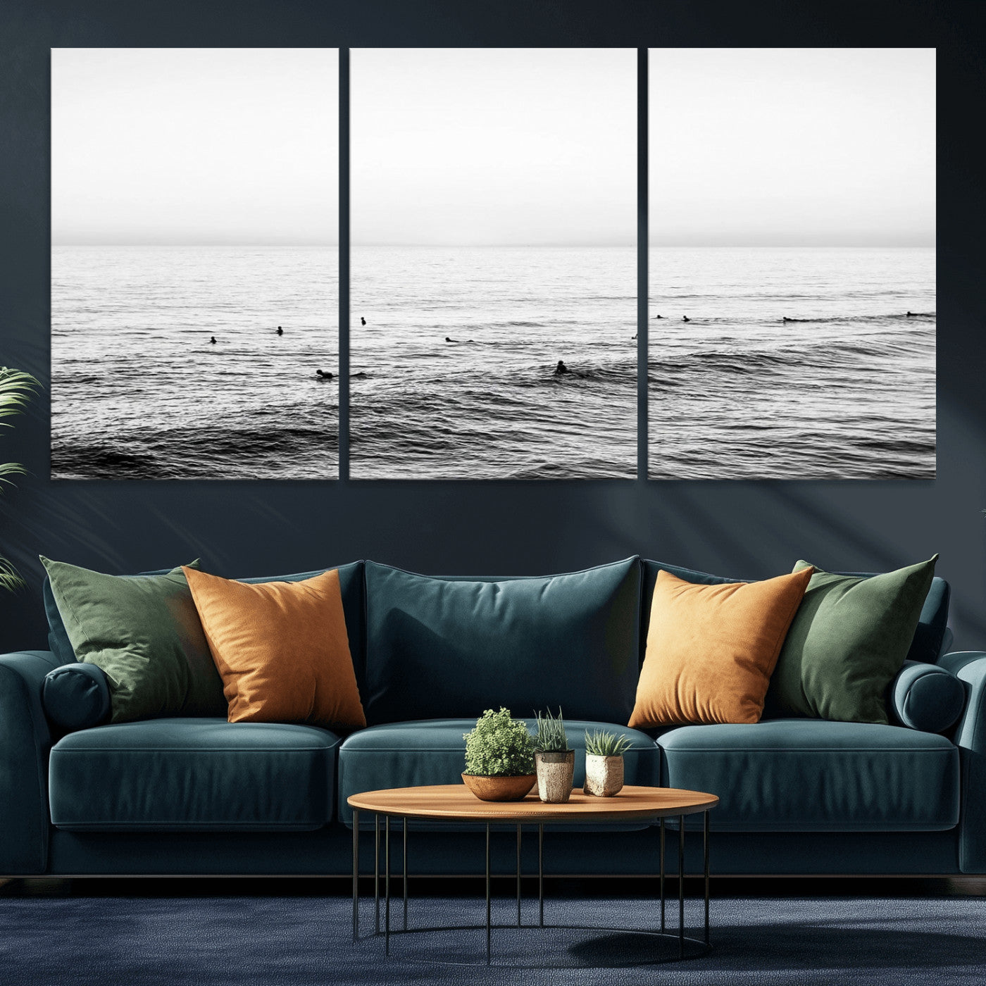 47208268-MGV-CV-36X24-Surfer Ocean Wall Art – Black and White Coastal Canvas Print, Minimalist Surfing Seascape Decor for Living Room, Bedroom, or Beach