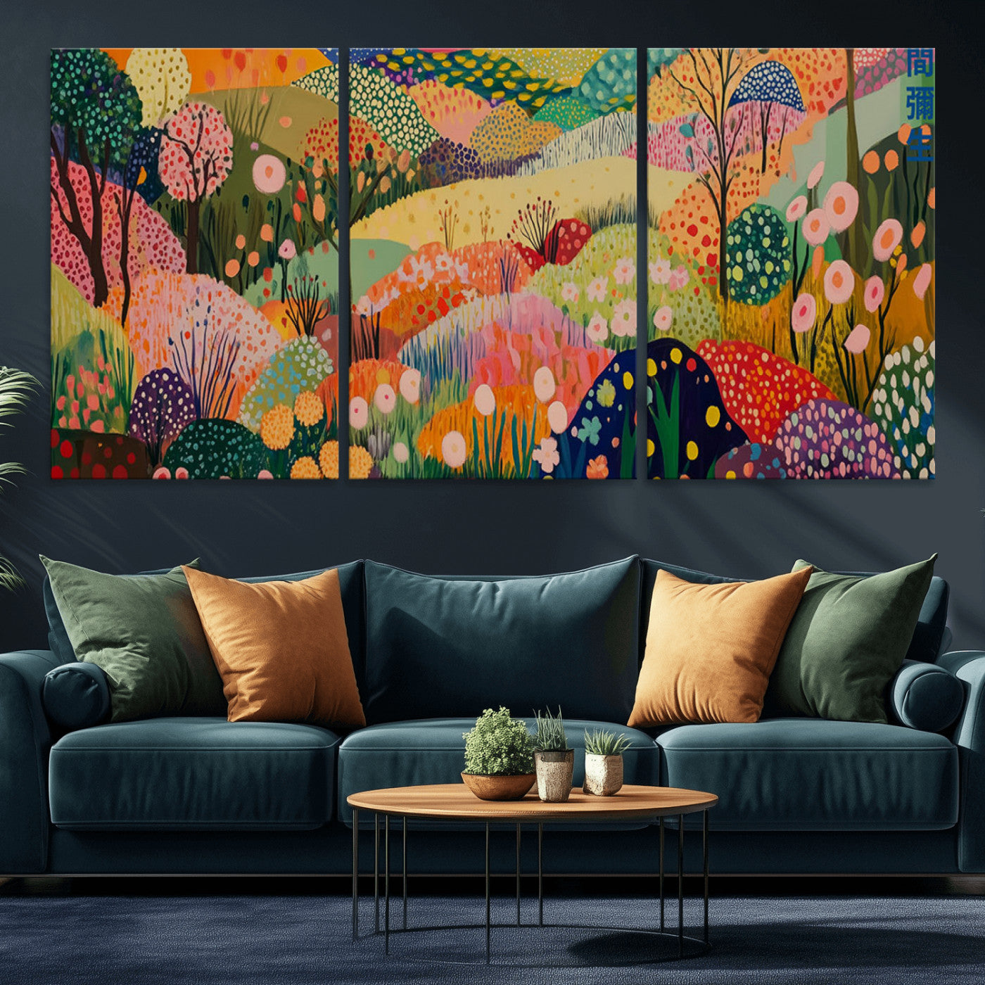 79636380-MGV-CV-36X24-Colorful Abstract Landscape Wall Art – Vibrant Hills and Flowers Canvas Print, Modern Whimsical Artwork for Living Room, Bedroom,