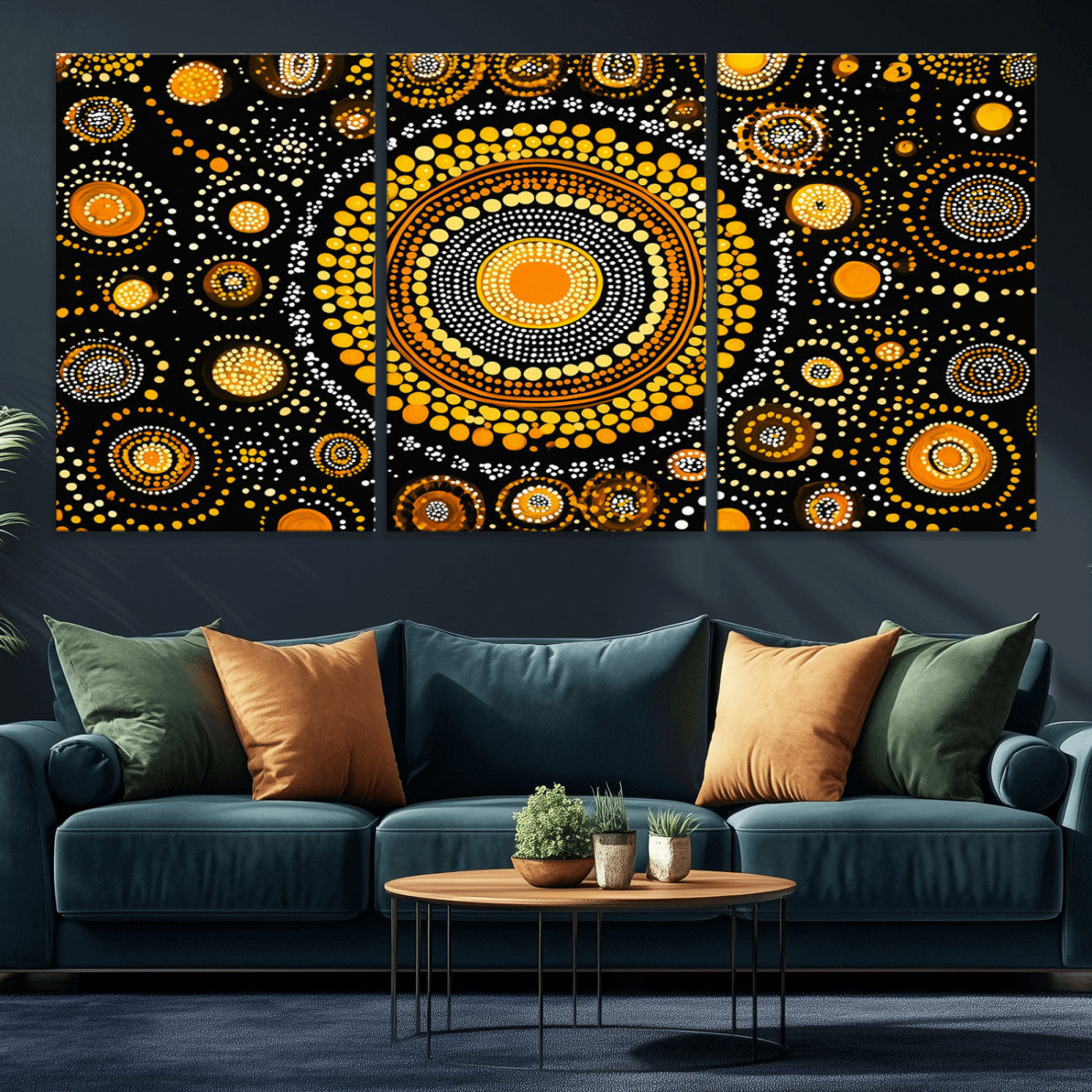 45478523-MGV-CV-36X24-Abstract Circle Wall Art – Bold Black and Gold Dot Painting Canvas Print, Modern Geometric Mandala Style Decor for Living Room or