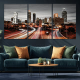 59097239-MGV-CV-36X24-City Skyline Wall Art – Modern Black and White Night Canvas Print with Red Light Trails, Urban Landscape Decor for Living Room or
