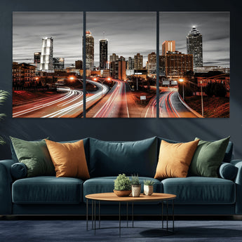 59097239-MGV-CV-36X24-City Skyline Wall Art – Modern Black and White Night Canvas Print with Red Light Trails, Urban Landscape Decor for Living Room or
