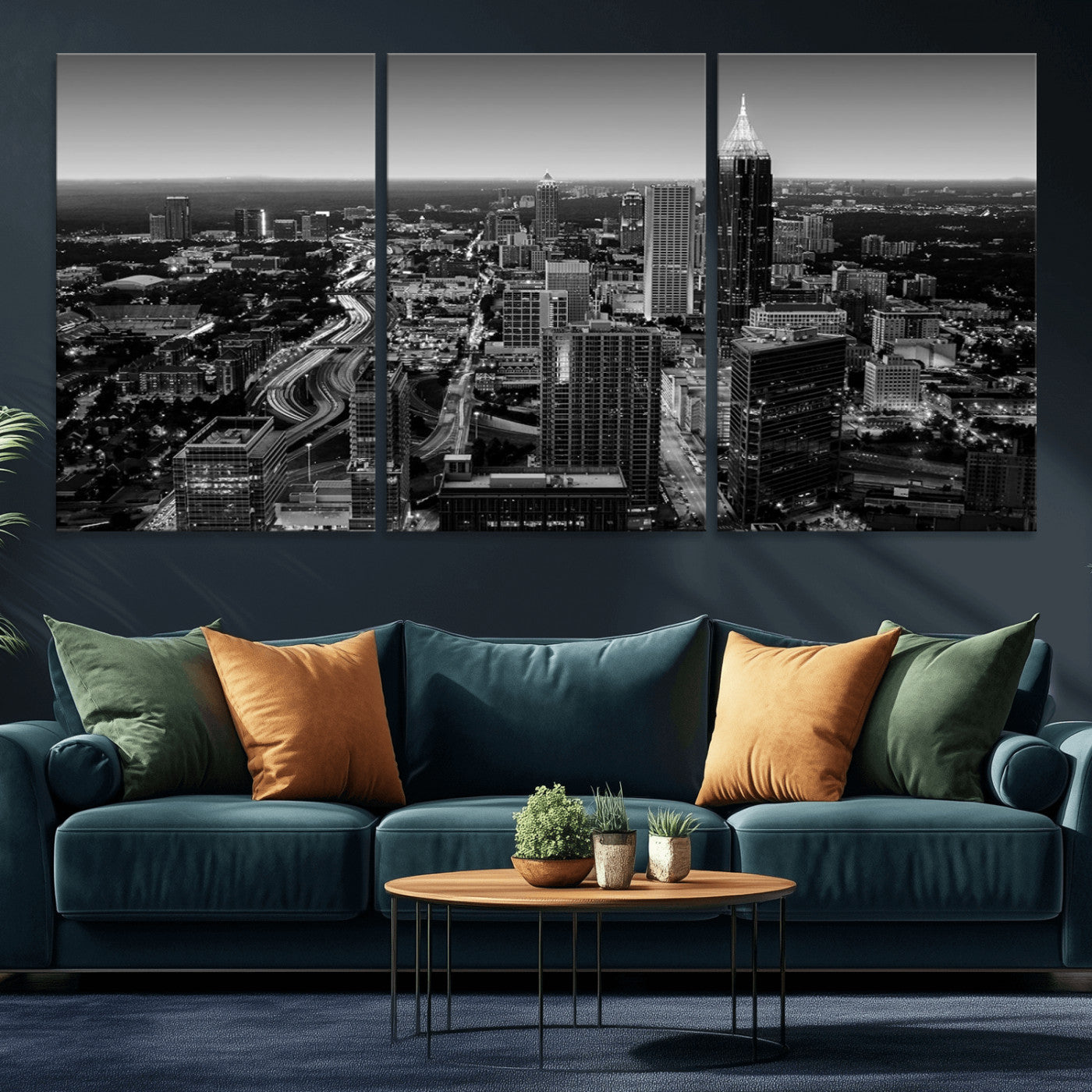 46578567-MGV-CV-36X24-Atlanta Skyline Wall Art – Black and White Cityscape Canvas Print, Modern Urban Night Decor for Office, Living Room, or Apartment