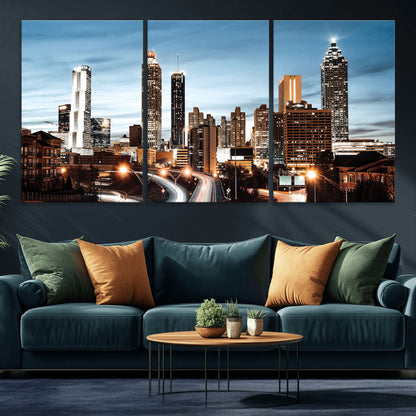 23859158-MGV-CV-36X24-Atlanta Skyline Wall Art – Modern Cityscape Canvas Print with Night Lights and Traffic Trails, Urban Decor for Office, Apartment,