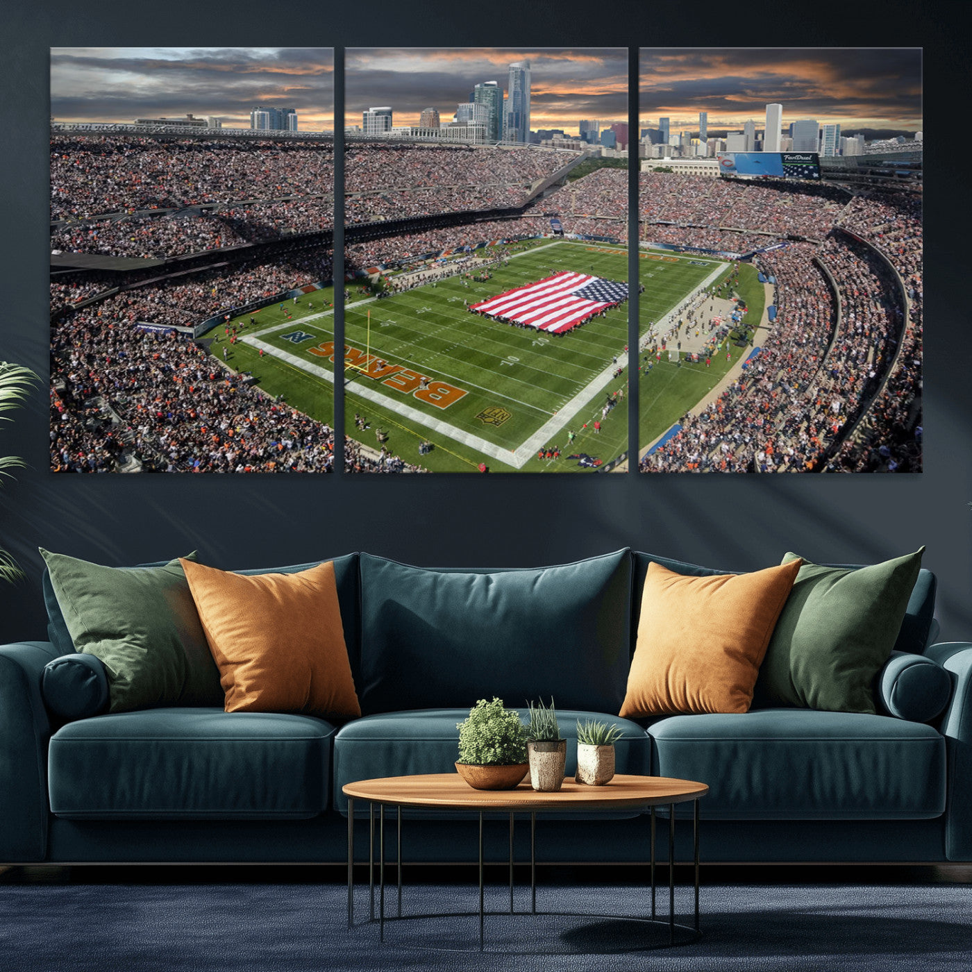 98106777-MGV-CV-36X24-Soldier Field Wall Art – Chicago Bears Stadium Canvas Print with American Flag, Game Day Football Decor for Man Cave, Bar, or