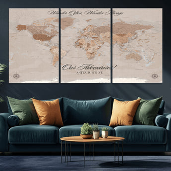 95243244-MGV-CV-36X24-Wander Often Wonder Always World Map Wall Art – Neutral Beige Adventure Canvas Print, Rustic Boho Travel Decor for Bedroom, Living
