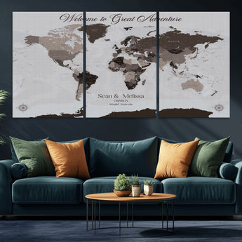 43749658-MGV-CV-36X24-Welcome to Great Adventure World Map Wall Art – Charcoal Gray Canvas Print, Rustic Travel Decor for Living Room, Study, Office or