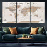 63516865-MGV-CV-36X24-Explore Dream Discover World Map Wall Art – Inspirational Travel Adventure Canvas Print, Neutral Parchment Style Explorer Decor