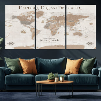 63516865-MGV-CV-36X24-Explore Dream Discover World Map Wall Art – Inspirational Travel Adventure Canvas Print, Neutral Parchment Style Explorer Decor