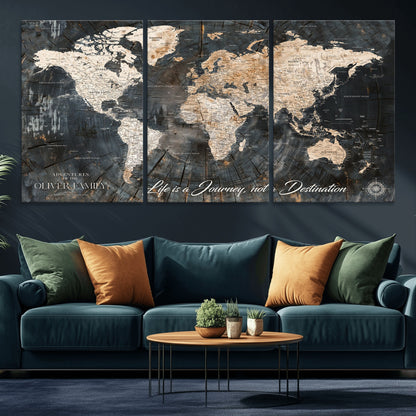 37848568-MGV-CV-36X24-Life is a Journey Not a Destination World Map Rustic Wood Texture Vintage Beige Navy Adventure Wall Art Canvas Print for Home