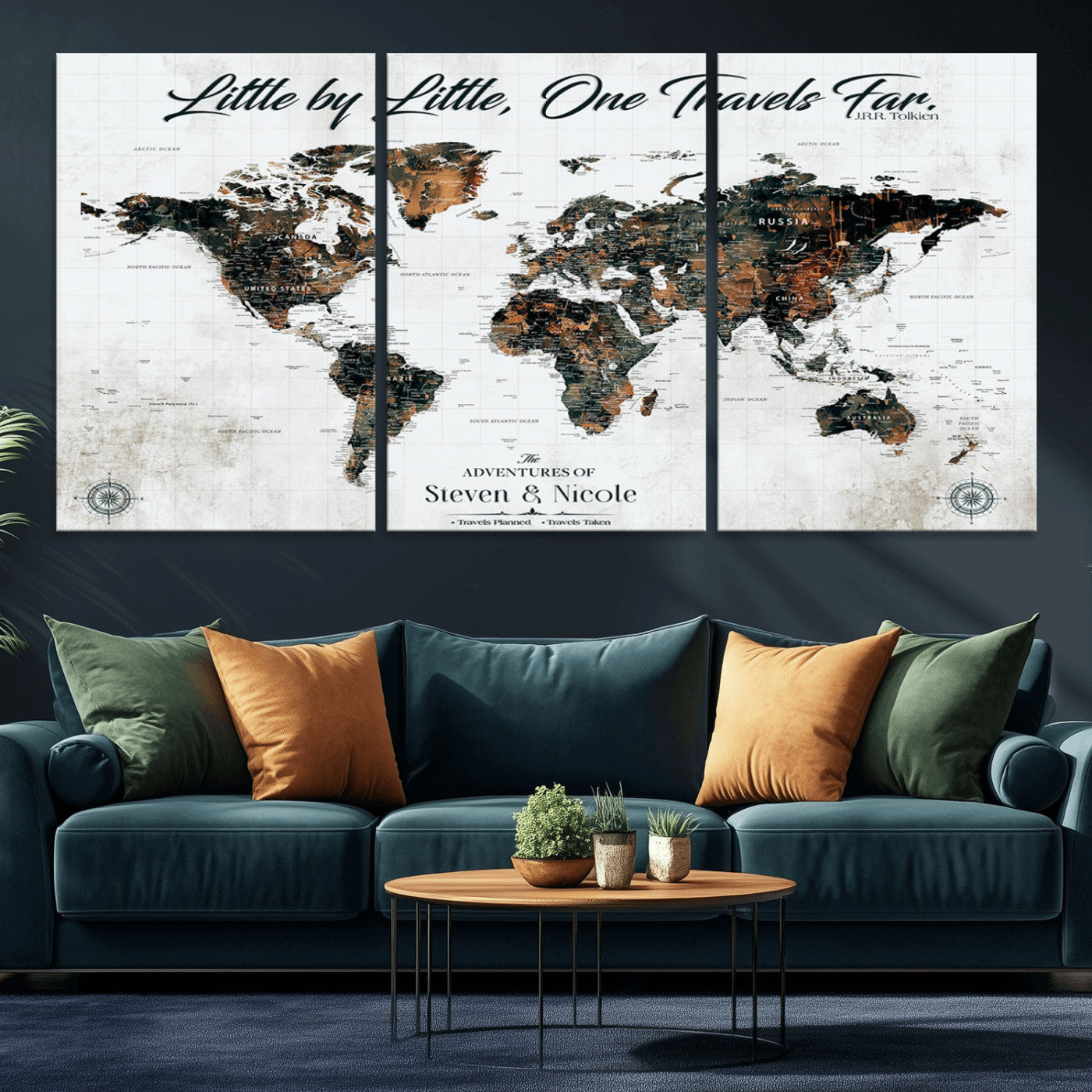 88337180-MGV-CV-36X24-Little by Little One Travels Far Tolkien Quote World Map Rustic Black Brown Adventure Wall Art Canvas Print for Home Office Living
