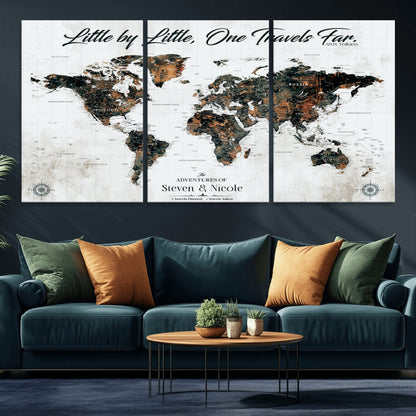 88337180-MGV-CV-36X24-Little by Little One Travels Far Tolkien Quote World Map Rustic Black Brown Adventure Wall Art Canvas Print for Home Office Living