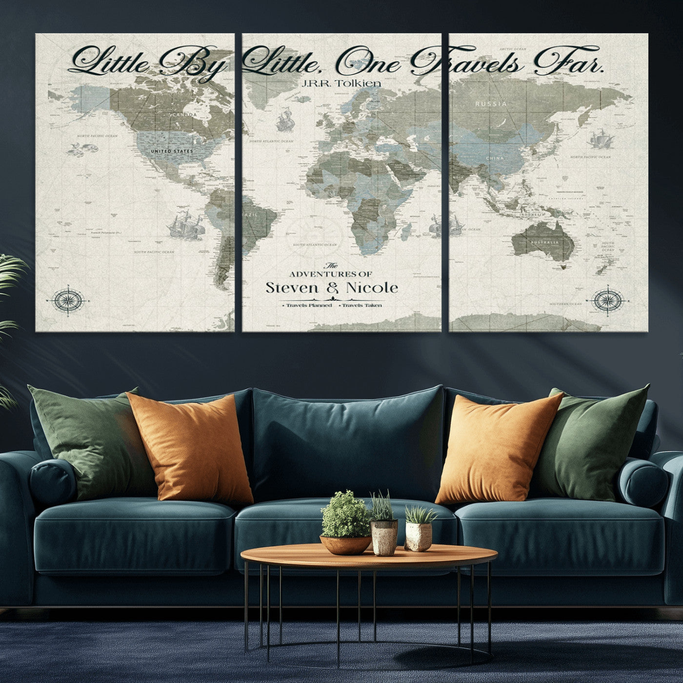 10693204-MGV-CV-36X24-Little By Little One Travels Far Tolkien Quote Blue Green World Map Adventure Wall Art Canvas Print Rustic Wanderlust Travel Decor