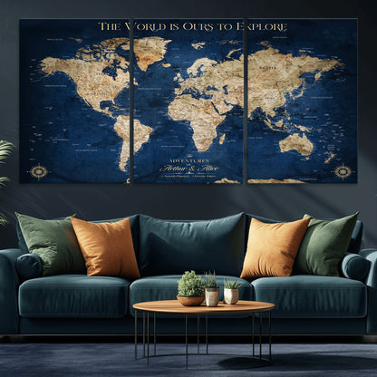 54782997-MGV-CV-36X24-The World is Ours to Explore Wall Art – Blue World Map Canvas Print, Adventure Travel Decor for Home, Office or Living Room,