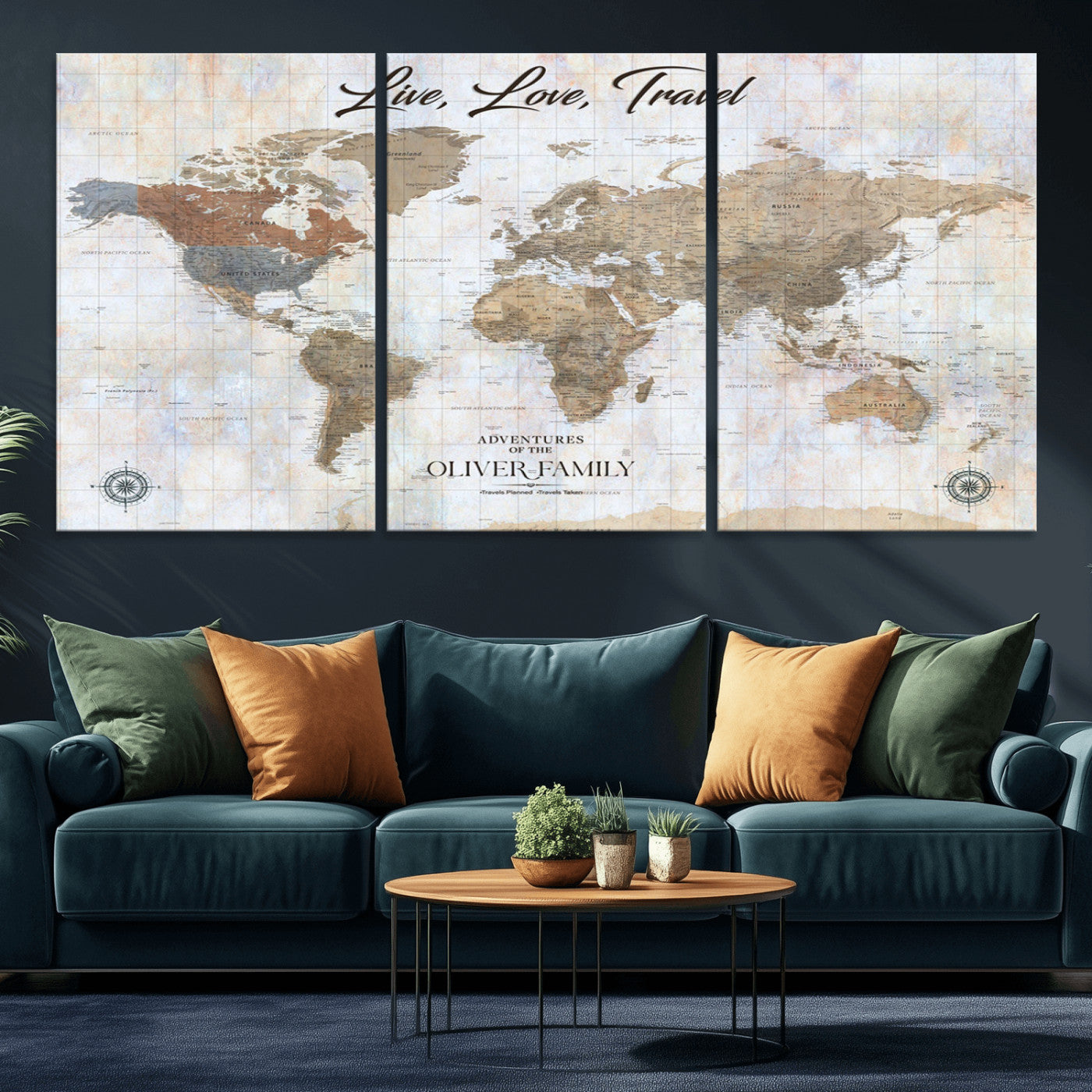 43924907-MGV-CV-36X24-Live Love Travel Wall Art – Neutral World Map Canvas Print, Rustic Adventure Decor for Home, Office or Living Room, Unique Gift