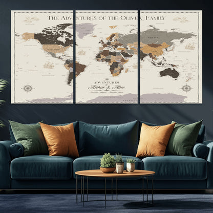 38723540-MGV-CV-36X24-Adventures of the Oliver Family Wall Art – Earth Tone World Map Canvas Print, Minimalist Travel Decor for Living Room, Bedroom or