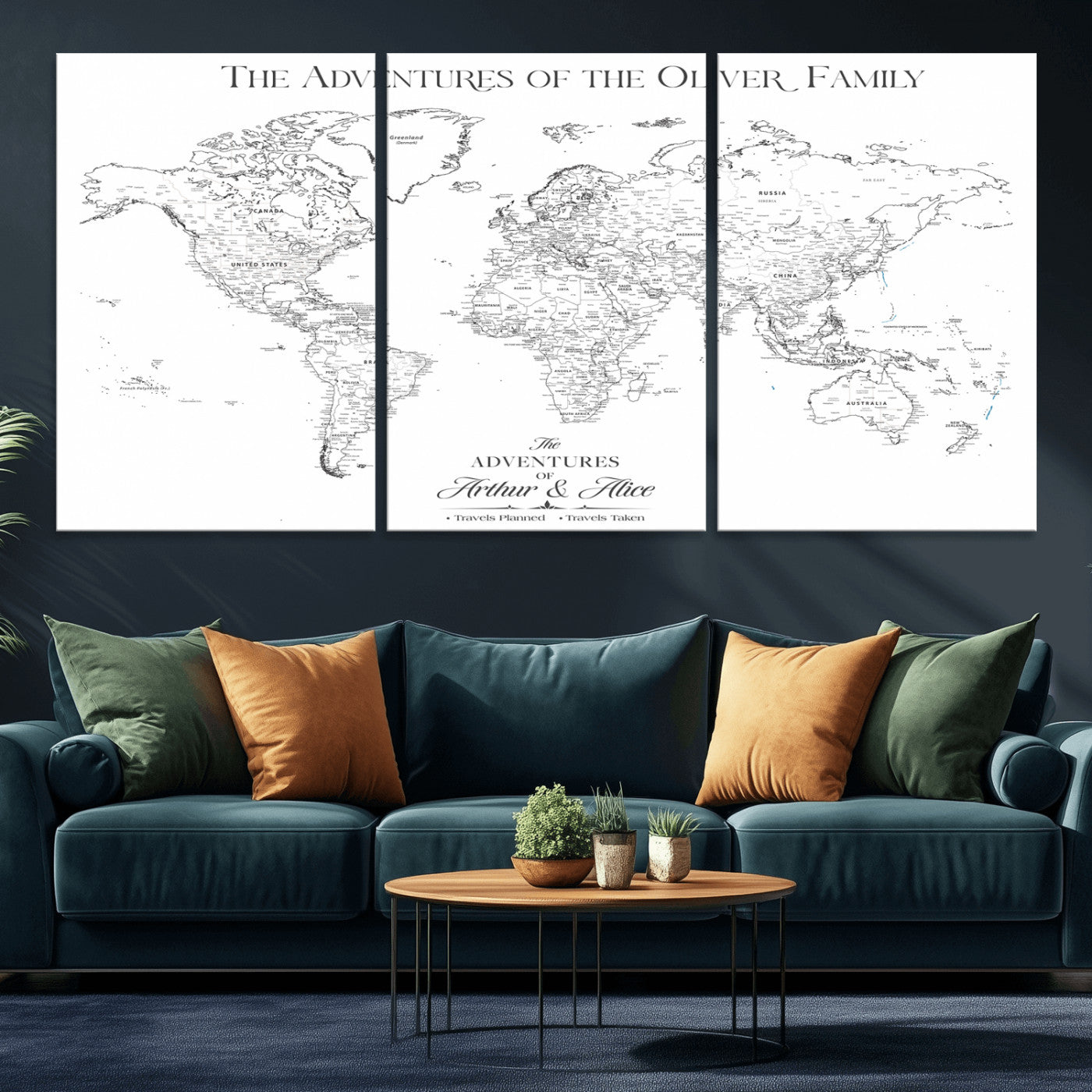 21029247-MGV-CV-60X30-3P-Minimalist World Map Wall Art – Black and White Travel Adventure Print, Modern Family Travel Map Decor for Living Room, Bedroom,