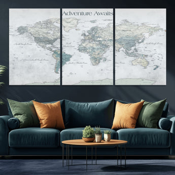 TEST111-MGV-CV-36X24-Personalized Adventure Awaits Push Pin World Map – Custom Framed Travel Tracker Canvas Wall Art for Home, Office