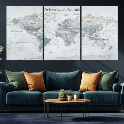 TEST111-MGV-CV-36X24-Personalized Adventure Awaits Push Pin World Map – Custom Framed Travel Tracker Canvas Wall Art for Home, Office