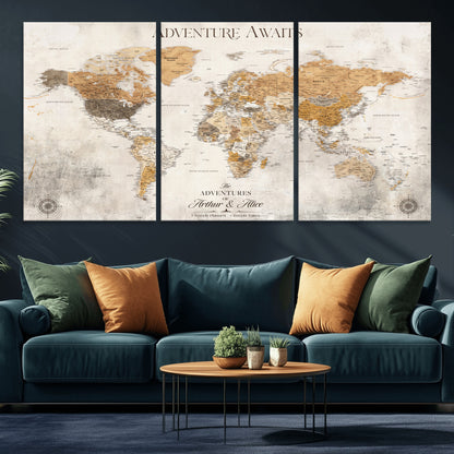 99422096-MGV-CV-36X24-Adventure Awaits World Map Wall Art – Neutral Beige Canvas Print, Modern Travel Inspired Wall Decor for Living Room, Bedroom or