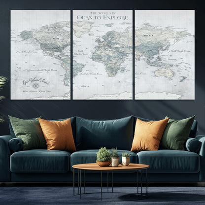 94249974-MGV-CV-36X24-Ours Explore World Map Wall Art – Modern Travel Canvas Print, Neutral Adventure Decor for Living Room, Office, Study, Bedroom,
