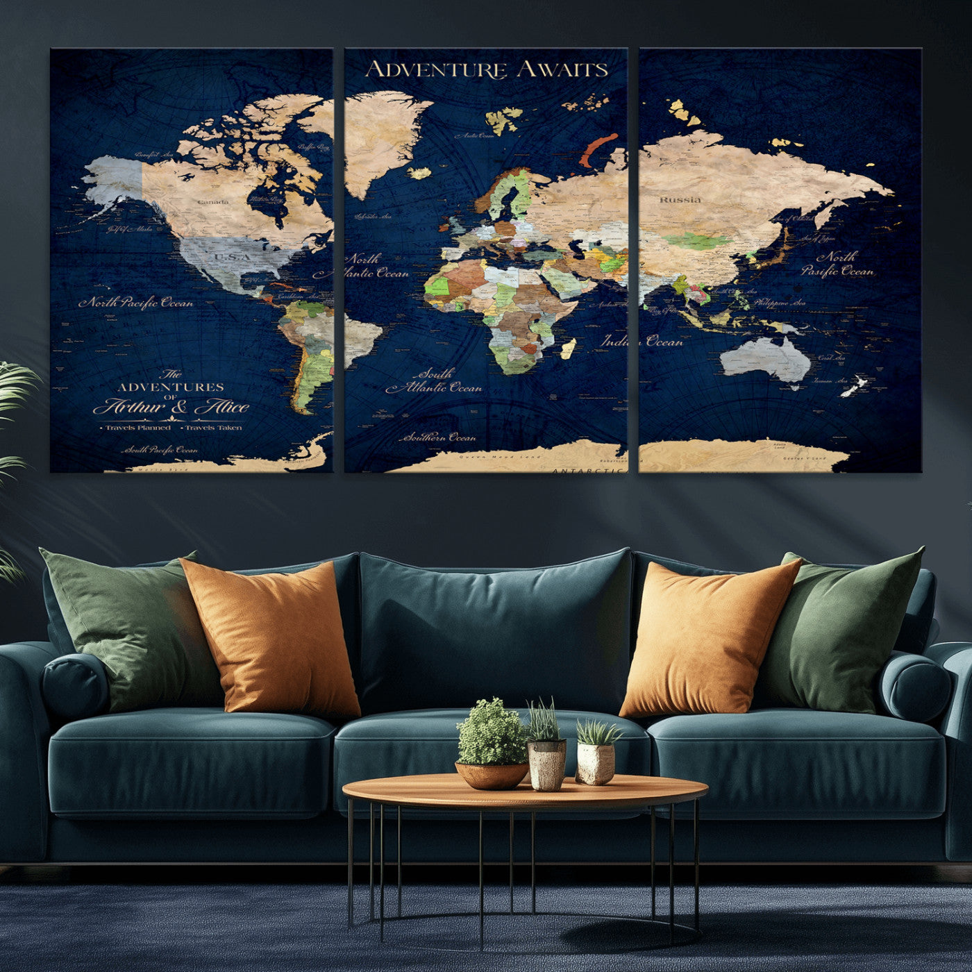 43160428-MGV-CV-36X24-Adventure Awaits Navy Blue World Map – Vibrant Travel Canvas Wall Art, Antique Atlas Print, Wanderlust Decor for Home Office