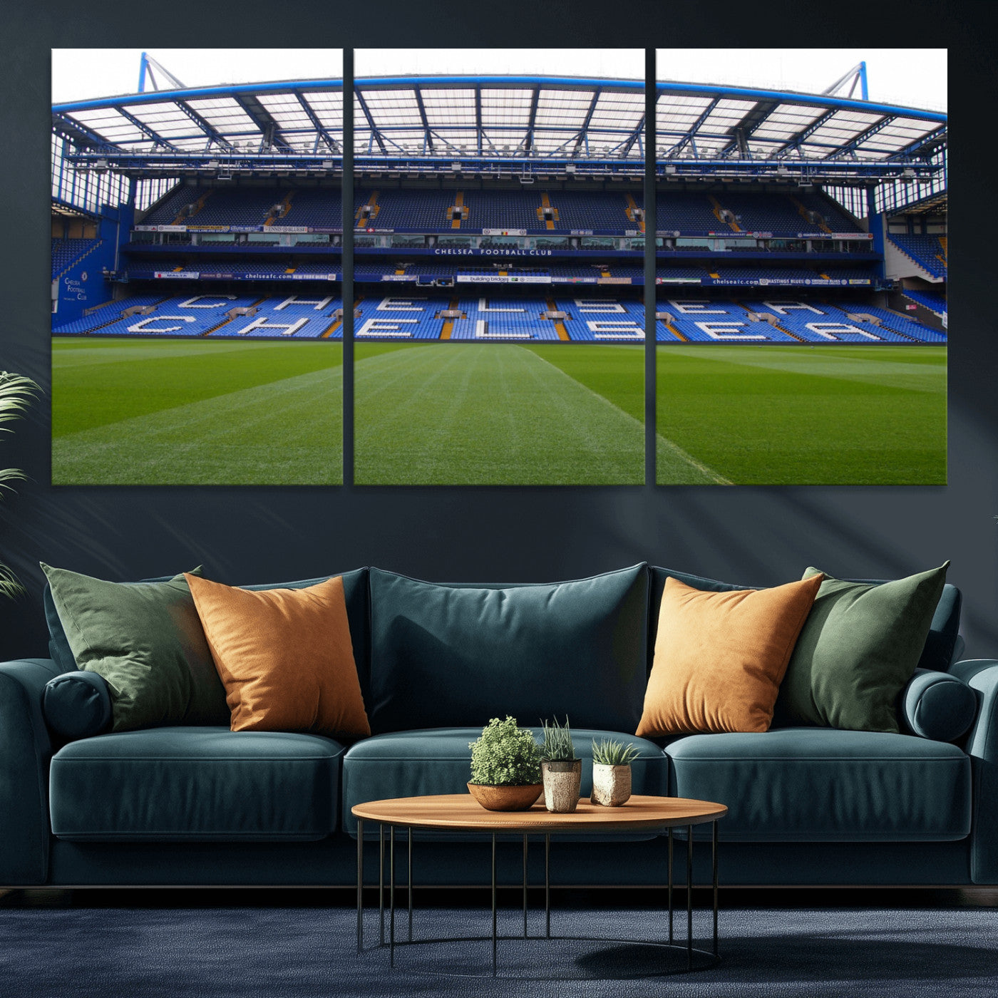 38616413CHELSA-MGV-CV-36X24-Chelsea Stadium Wall Art – Panoramic Football Field Canvas Print, Game Day Sports Decor for Living Room, Office, or Man Cave