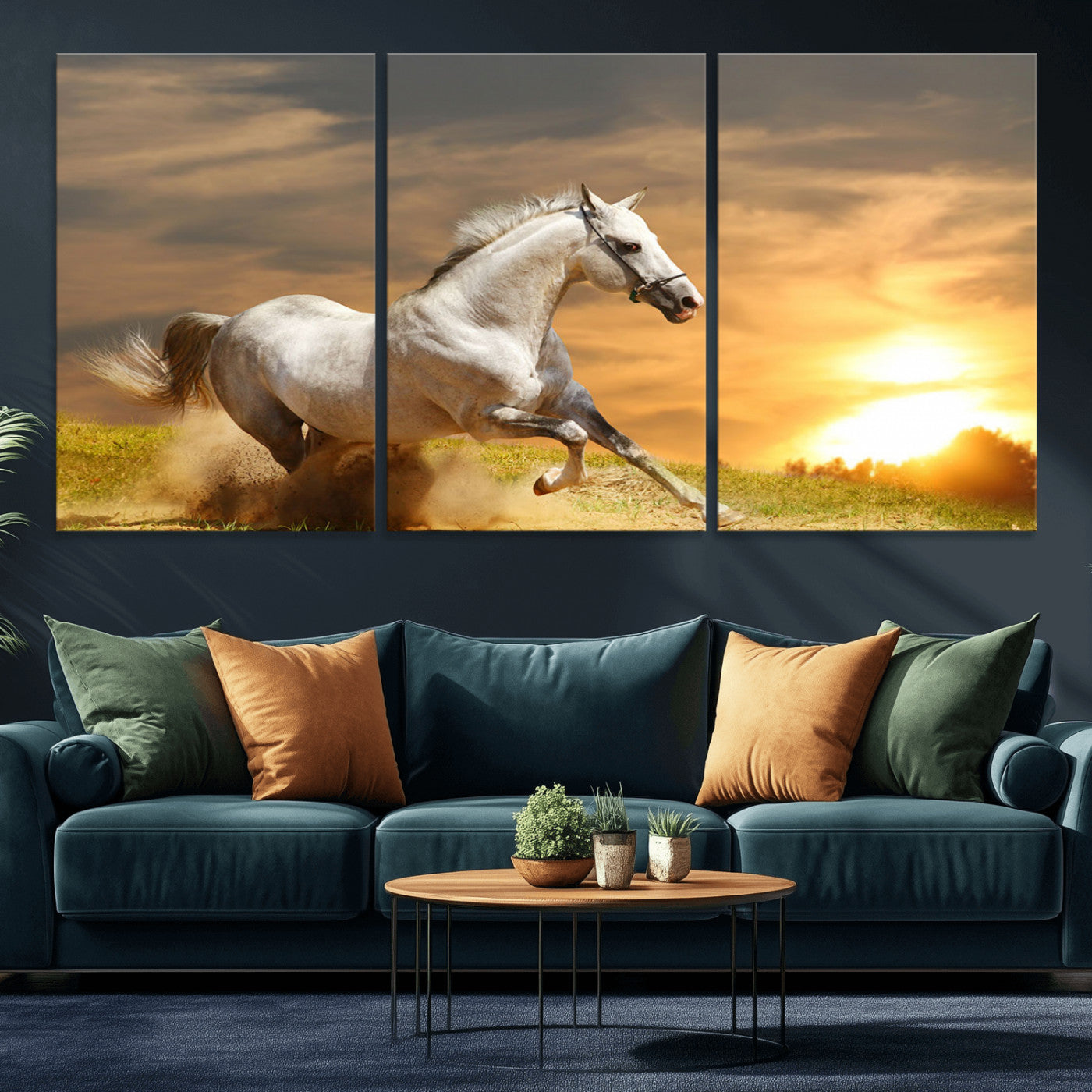 44295212-MGV-CV-36X24-Horse Wall Art – Running White Stallion Canvas Print with Sunset Background, Western Wildlife Decor for Living Room, Office, or