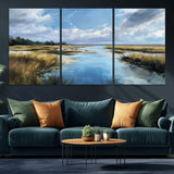 87082041-MGV-CV-36X24-Marshland Landscape Wall Art – Serene Nature Canvas Print with Blue Sky and Reflections, Tranquil Scenic Painting for Living Room,