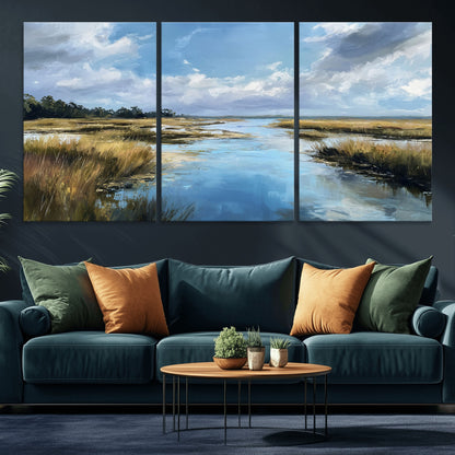 87082041-MGV-CV-36X24-Marshland Landscape Wall Art – Serene Nature Canvas Print with Blue Sky and Reflections, Tranquil Scenic Painting for Living Room,