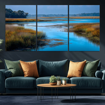 26300004-MGV-CV-36X24-Tranquil Marshland Canvas Wall Art – Blue Water, Reflective Sky, Golden Grasses, Calm Nature Landscape, Scenic Outdoor Beauty for