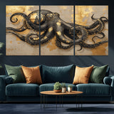 57944271-MGV-CV-36X24-Octopus Wall Art – Black and Gold Nautical Canvas Print, Modern Ocean Inspired Artwork with Elegant Detailing, Coastal Marine