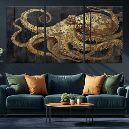 47056538-MGV-CV-36X24-Octopus Wall Art – Gold Nautical Canvas Print with Rustic Wood Texture, Marine Creature Artwork for Coastal Ocean Decoration in