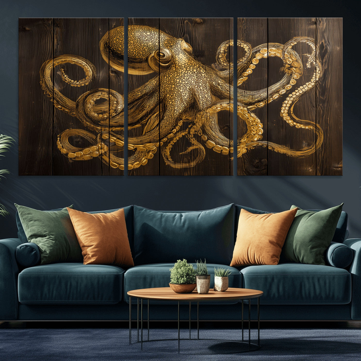 56769669-MGV-CV-36X24-Octopus Wall Art – Gold Nautical Canvas Print with Rustic Wood Panel Design, Detailed Marine Artwork for Coastal Ocean Decoration