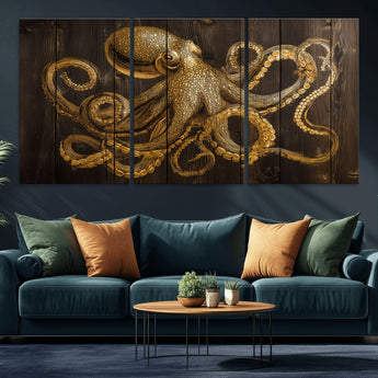 56769669-MGV-CV-36X24-Octopus Wall Art – Gold Nautical Canvas Print with Rustic Wood Panel Design, Detailed Marine Artwork for Coastal Ocean Decoration