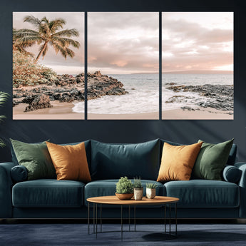 18005328-MGV-CV-36X24-Tropical Beach Wall Art – Coastal Ocean Canvas Print with Palm Tree, Sunset Sky and Rocky Shore, Serene Seascape Photography for