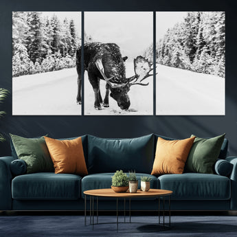 38956835-MGV-CV-36X24-Moose Winter Snowy Forest Canvas Wall Art – Wildlife Nature, Antlers in Frozen Landscape, Quiet Path, Cold Season Outdoors Print