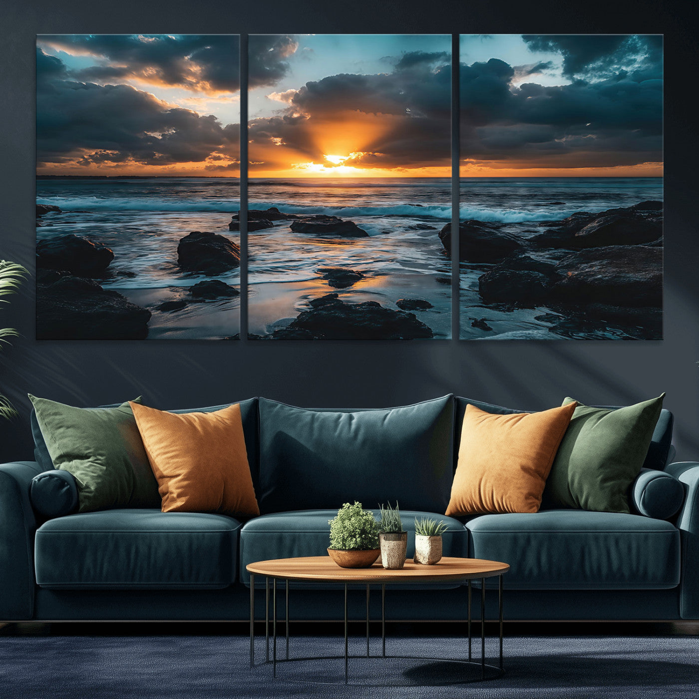 66040852-MGV-CV-36X24-Ocean Sunset Canvas Wall Art – Rocky Shore Waves, Dramatic Clouds, Golden Sun Rays, Coastal Nature, Serene Water Reflection for
