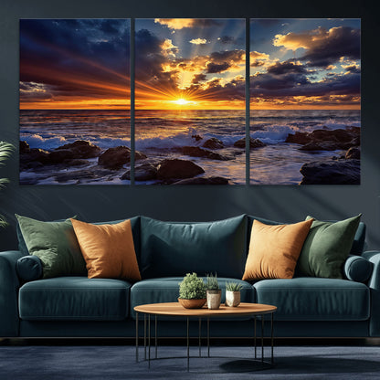 35900590-MGV-CV-36X24-Sunset Ocean Waves Canvas Wall Art – Rocky Shore, Dramatic Sky, Golden Sun Rays, Coastal Beauty, Serene Water Motion for Living