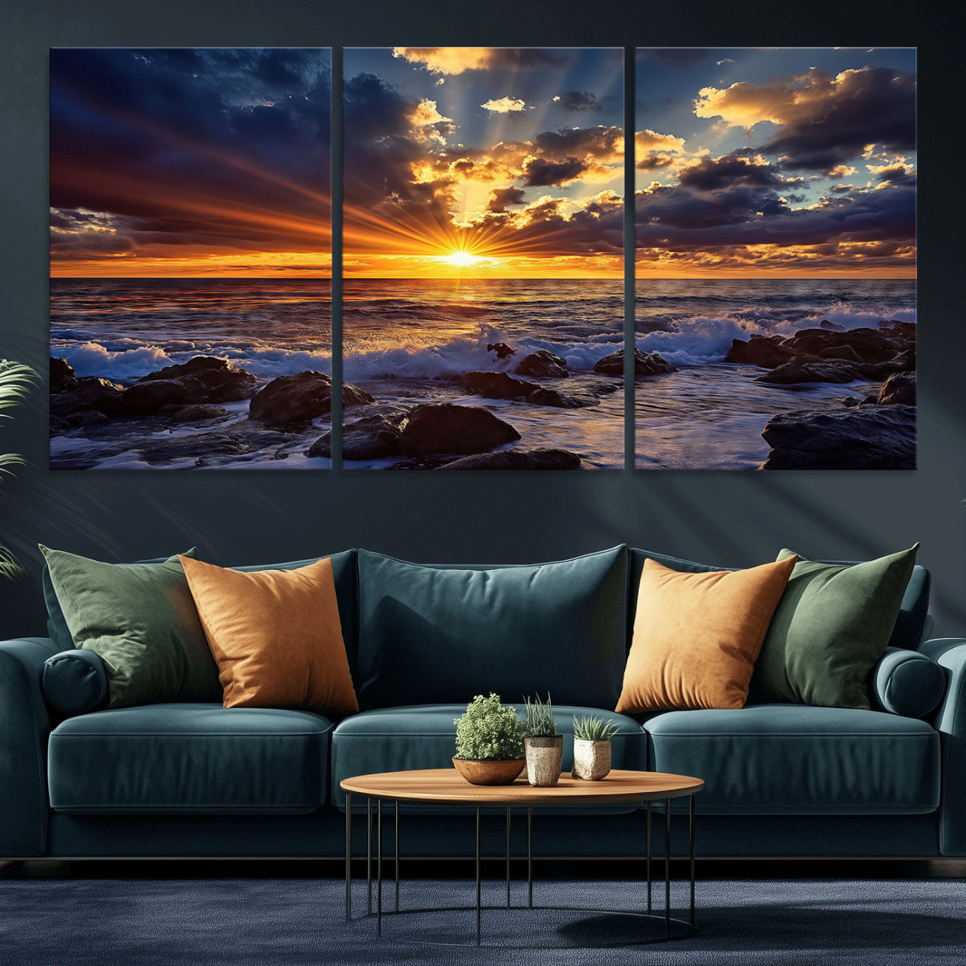35900590-MGV-CV-36X24-Ocean Sunset Wall Art – Vivid Seascape Canvas Print with Sunburst Sky, Crashing Waves and Rocky Shore, Dramatic Coastal