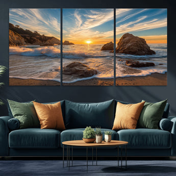 85659923-MGV-CV-36X24-Ocean Sunset Wall Art – Dramatic Seascape Canvas Print with Cliffs, Crashing Waves and Golden Sky, Bold Coastal Photography for