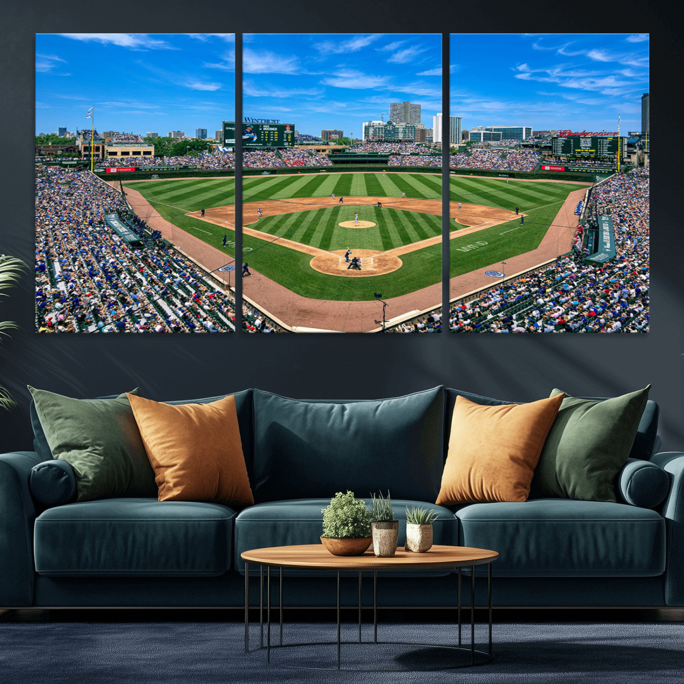 35800083-MGV-CV-36X24-Wrigley Field Baseball Stadium Canvas Wall Art – Packed Crowd Sports Stadium Print, City Skyline Baseball Field Canvas for Game