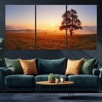 57919623-MGV-CV-36X24-Golden Sunrise Landscape Canvas Wall Art - Framed Misty Field Print, Large Nature Canvas for Living Room, Office, or Home Decor