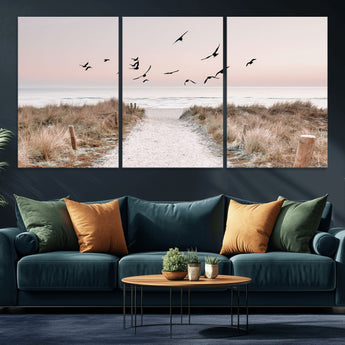 34632598-MGV-CV-36X24-Coastal Pathway Canvas Wall Art – Framed Seaside Landscape, Large Beach and Birds Canvas Print for Home, Office, or Living Room
