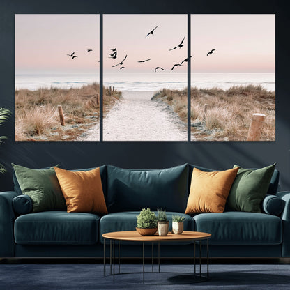 34632598-MGV-CV-36X24-Beach Pathway Wall Art – Coastal Canvas Print with Sandy Trail, Flying Birds and Pastel Sky, Serene Ocean Landscape Photography