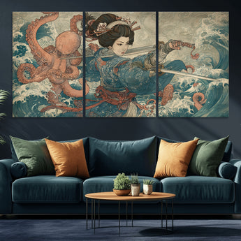 52037775-MGV-CV-36X24-Tsukioka Yoshitoshi Samurai Wall Art Print, Japanese Katana Warrior Canvas Wall Art, Octopus Sea Monster Canvas Print,