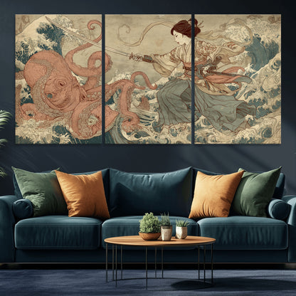 54879547-MGV-CV-36X24-Samurai Woman Wall Art – Japanese Ukiyo-e Style Canvas Print with Katana and Octopus, Traditional Asian Inspired Battle Artwork