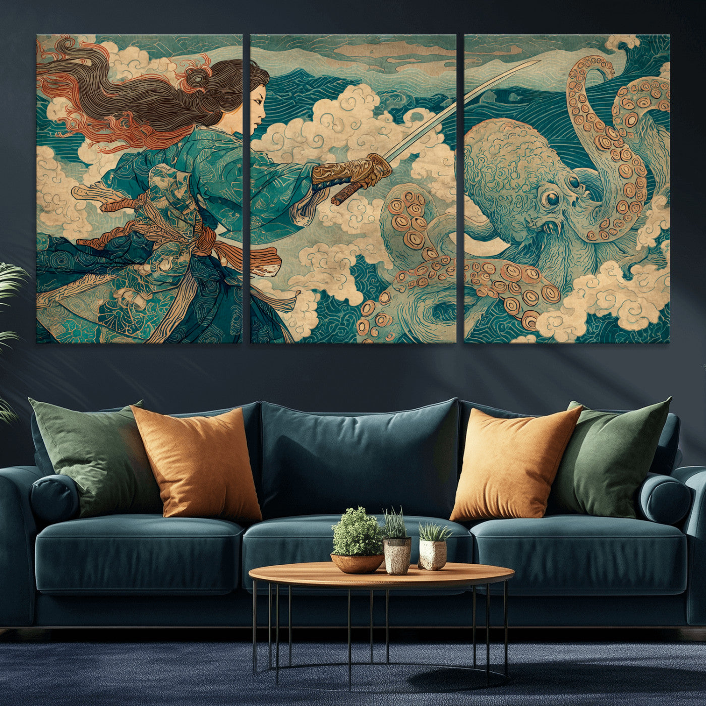 37943964-MGV-CV-36X24-Samurai Warrior vs Octopus Wall Art – Japanese Ukiyo-e Style Canvas Print, Ocean Battle Scene Artwork for Living Room, Office, Man